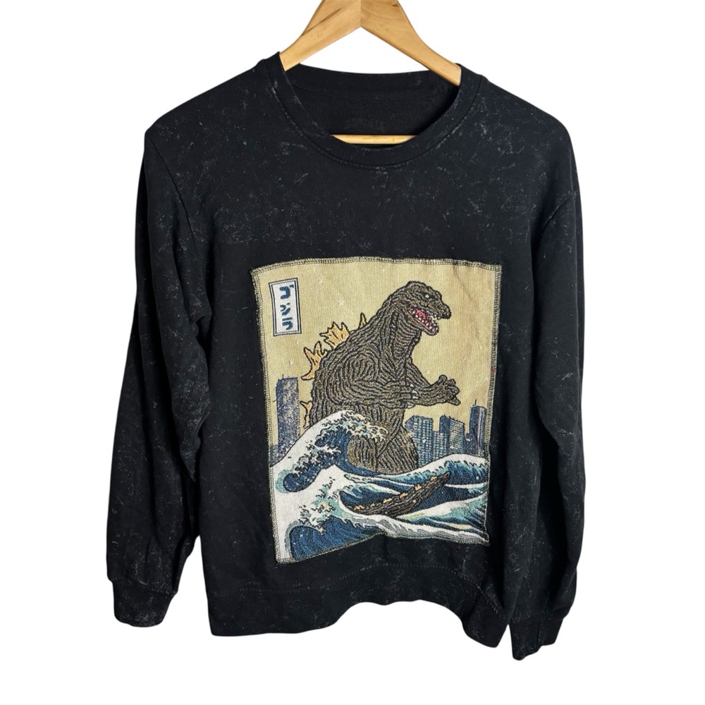 Unisex Godzilla black acid wash Japanese wave tapestry sweatshirt